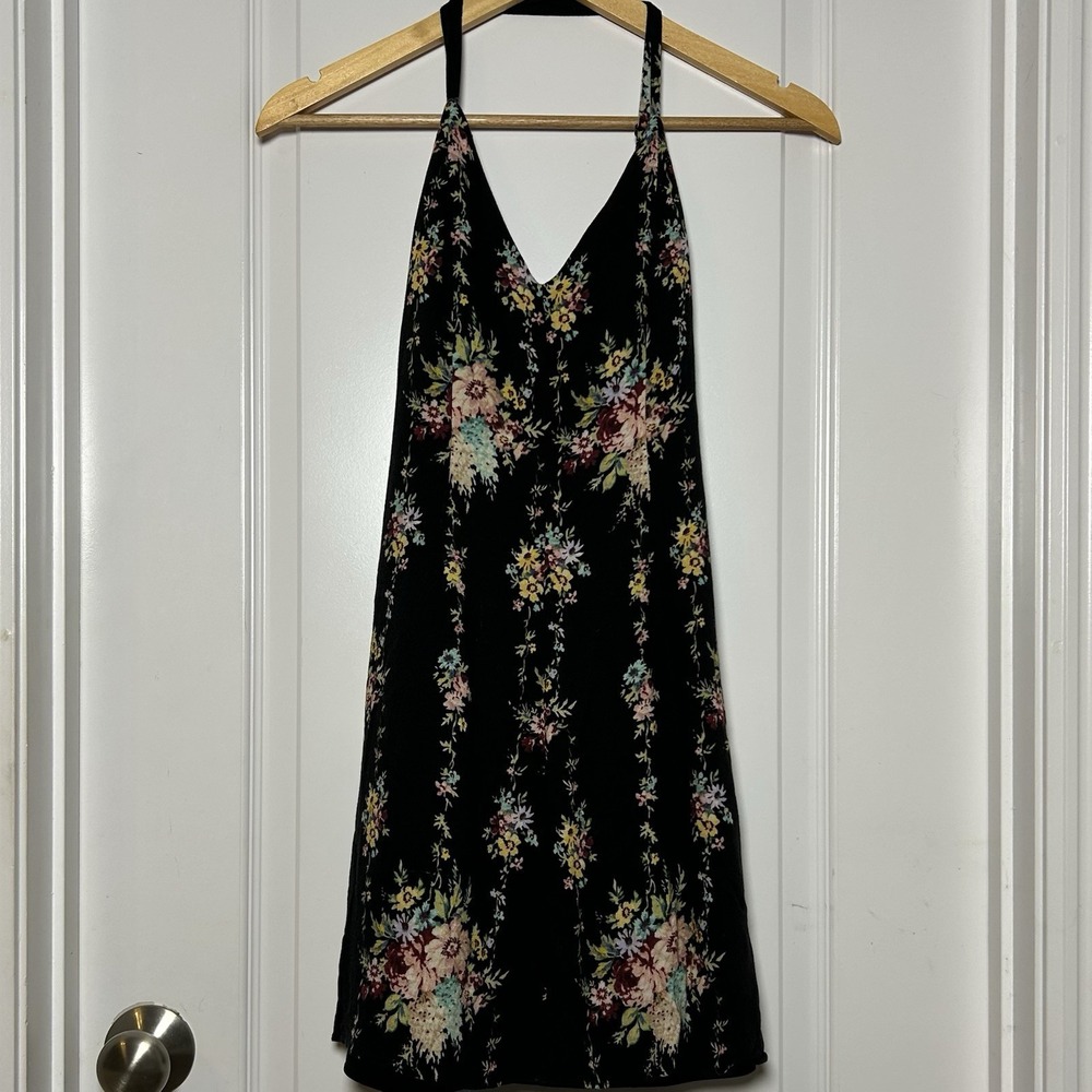 Alice + Olivia Alves Black Botanical Floral Print Cross Back V-Neck Mini Dress